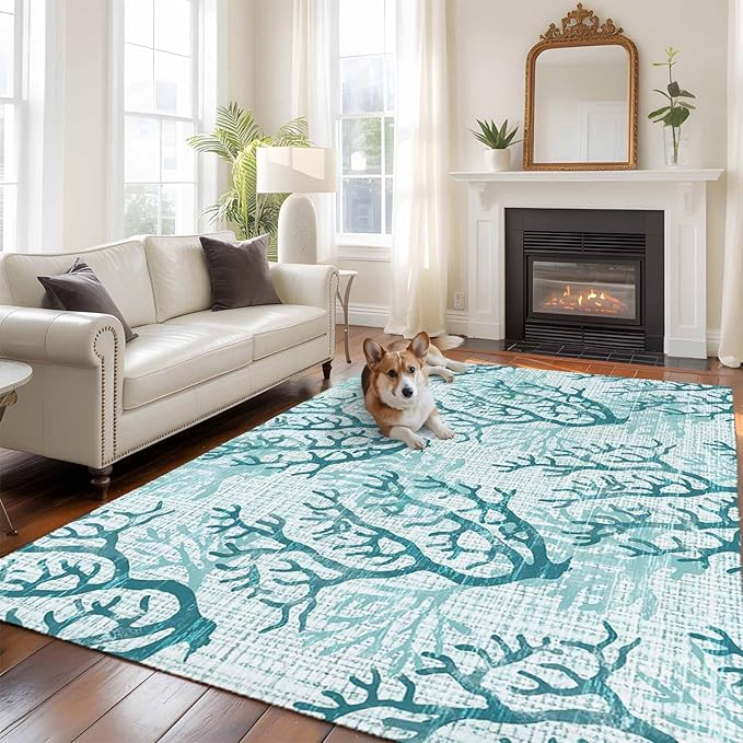 Area Rug 8x10ft, Coastal Sea Coral Retro Linen Washable Rugs for Living Room Bedroom, Underwater Ocean Life Soft Non-Slip Area Rugs Rectangle Floor Carpet for Dining Room