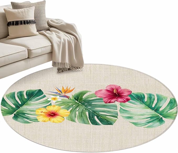 Washable Round Area Rug Country Monstera Hibiscus Foliage Circle Rugs Floor Carpet for Living Room Bedroom, Tropical Plant Vintage Linen Soft Non Slip Round Rug 3ft