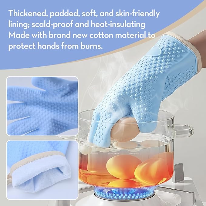 Silicone Oven Mitts Heat,1 Pair Non-Slip Five-Finger Oven Gloves, Waterproof Flexible BBQ Grilling Gloves with Hanging Loops, Kitchen Mitts for Baking Cooking Frying (Gray)