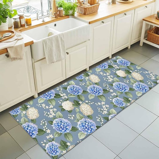 Runner Rug for Bedroom Hallway, Watercolor Purple White Hydrangea Kitchen Runner Rugs Area Rug 2x6ft, Spring Flower on Gray Blue Washable Soft Floor Carpet for Entryway Stair