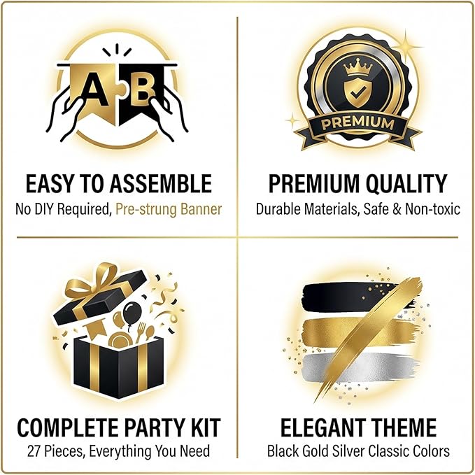New Year‘s Eve Party Supplies 2026 -34PCS Happy New Years Decorations 2026 for 12+ Guests Includes Banner, Pom Poms, Balloons ,Triangle Flag for Nye 2026 Celebrations Premium Black Gold new years set