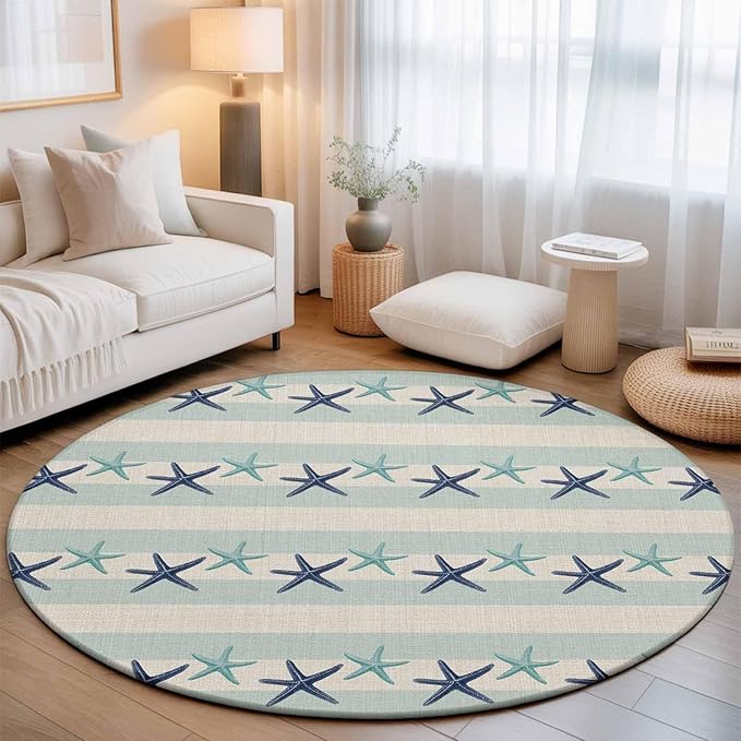 Washable Round Area Rug Summer Ocean Blue Teal Starfish Circle Rugs Floor Carpet for Living Room Bedroom, Sea Star on Farmhouse Linen Soft Non Slip Round Rug 5ft