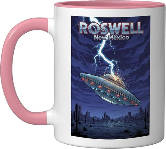 Roswell UFO Flying Saucer New Mexico Souvenir Lightning Ceramic Mug, Pink/White