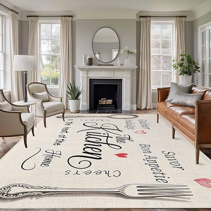 Area Rug 6x9ft, Spoon Fork Vintage Farmhouse Washable Rugs for Living Room Bedroom, Abstract Love Retro Linen Soft Non-Slip Area Rugs Rectangle Floor Carpet for Dining Room