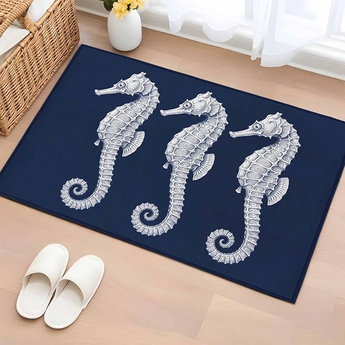 Area Rug 2x3ft, Ocean Life Seahorse Navy Blue Washable Rugs for Living Room Bedroom, Summer Nautical Theme Soft Non-Slip Area Rugs Rectangle Floor Carpet for Dining Room