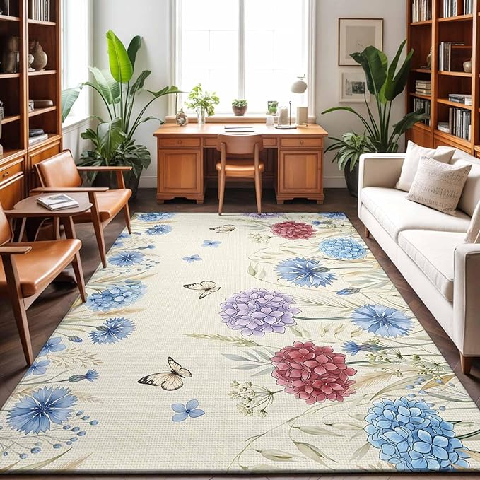Area Rug 9x12ft, Spring Watercolor Garden Flower Washable Rugs for Living Room Bedroom Rectangle Floor Carpet, Hydrangea Floral on Burlap Soft Non-Slip Area Rugs for Dining Room