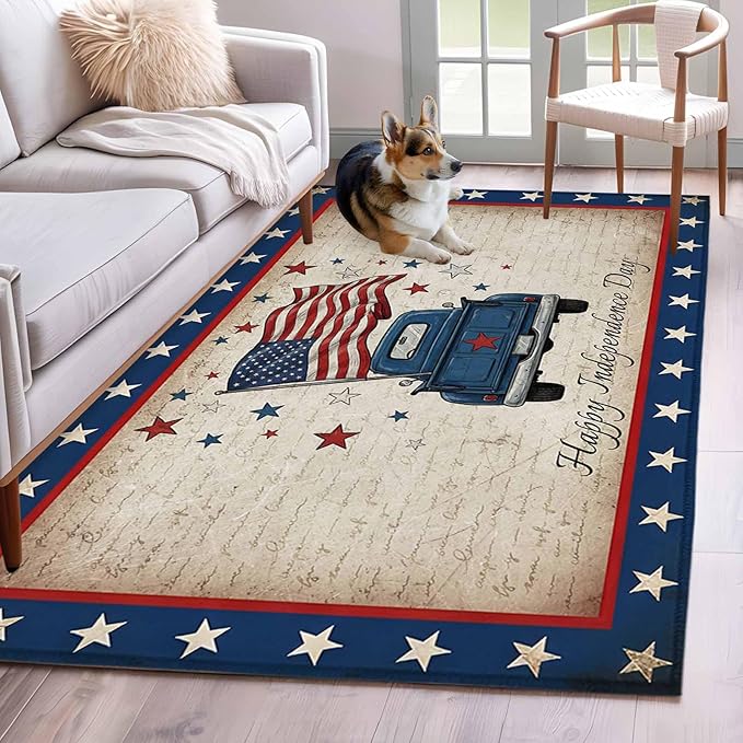 Area Rug 3x5ft, Happy Independence Day USA Flag Washable Rugs for Living Room Bedroom, Retro Blue Truck Soft Non-Slip Area Rugs Rectangle Floor Carpet for Dining Room