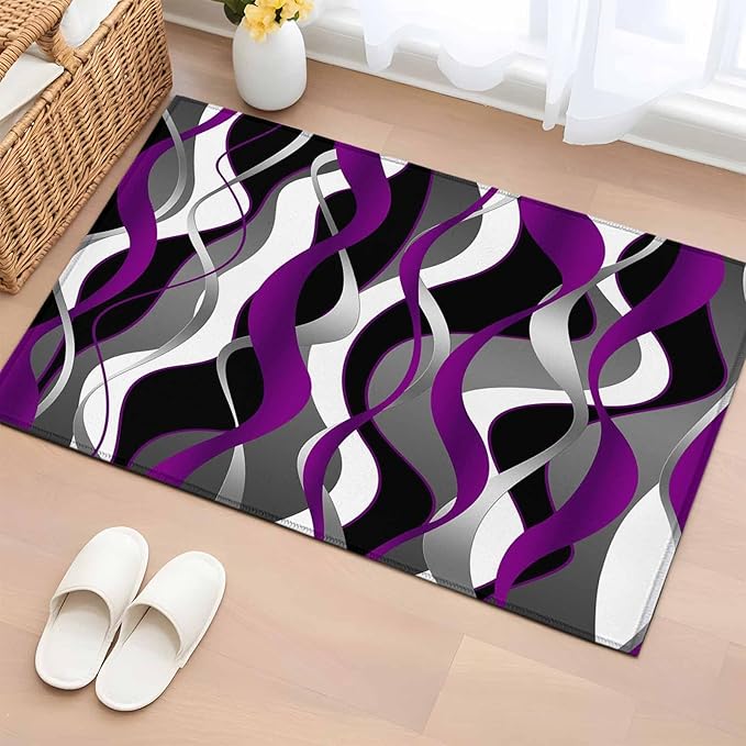 Area Rug 2x3ft, Abstract Purple Gray Black White Stripes Washable Rugs for Living Room Bedroom, Modern Lines Soft Non-Slip Area Rugs Rectangle Floor Carpet for Dining Room