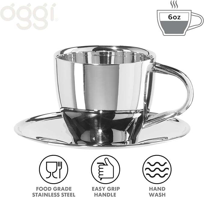 Oggi Insulated Coffee Cups 6oz - Saucer Included - Dual Wall Stainless Steel Technology Coffee or Tea Cup with Elegant Mirror Finish