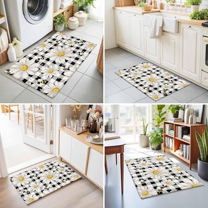 Area Rug 2x3ft, Farmhouse Blossom Flower Bee Washable Rugs for Living Room Bedroom, Spring Daisy Black White Plaid Soft Non-Slip Area Rugs Rectangle Floor Carpet for Dining Room