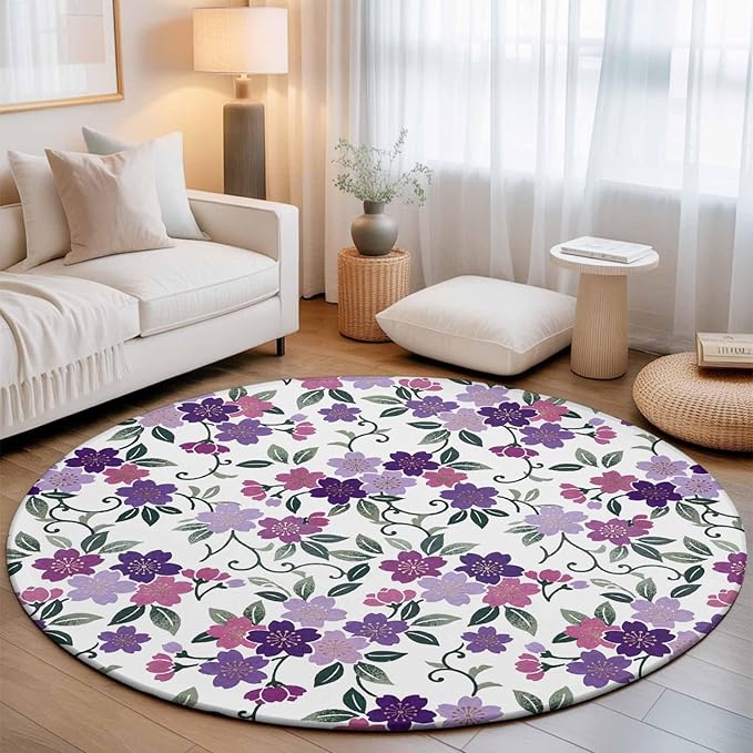 Washable Round Area Rug Country Purple Pink Flower Green Leaf Circle Rugs Floor Carpet for Living Room Bedroom, Pastoral Floral Plant Soft Non Slip Round Rug 3ft
