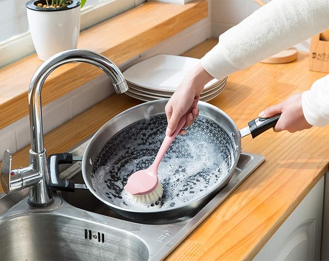 Kitchen Scrub Brush Sink Bathroom Brushes with Scraper Tip Comfortable Grip Odourless Bristles for Pot Pan Cast Iron Skillet Dishes Cleaning,Soft and Scratch Free. 2-Pack