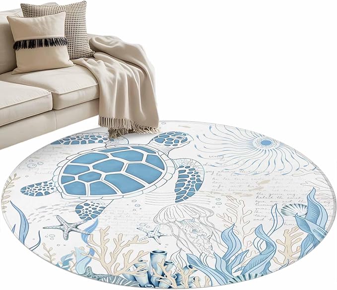 Washable Round Area Rug Blue Sea Turtles Stars Corals Circle Rugs Floor Carpet for Living Room Bedroom, Vintage Marine Life Soft Non Slip Round Rug 4ft