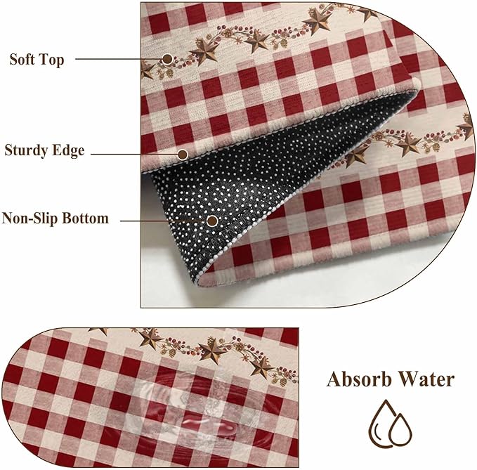 Washable Round Area Rug Vintage Red Buffalo Plaid Berry Circle Rugs Floor Carpet for Living Room Bedroom, Farmhouse Western Star Soft Non Slip Round Rug 5ft