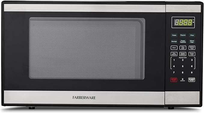 Farberware 1.3 Cu. Ft. Countertop Microwave Oven – 1000 Watts Power, Auto Cook Settings, Defrost, Easy Clean and Child Safety Lock - Stainless