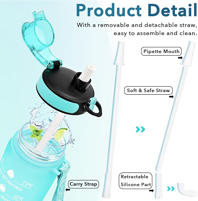 Enerbone Water Bottle, Leakproof BPA & Toxic Free, Motivational Water Bottle with Times to Drink and Straw, Fitness Sports Water Bottle with Strap for Office, Gym, Outdoor Sports