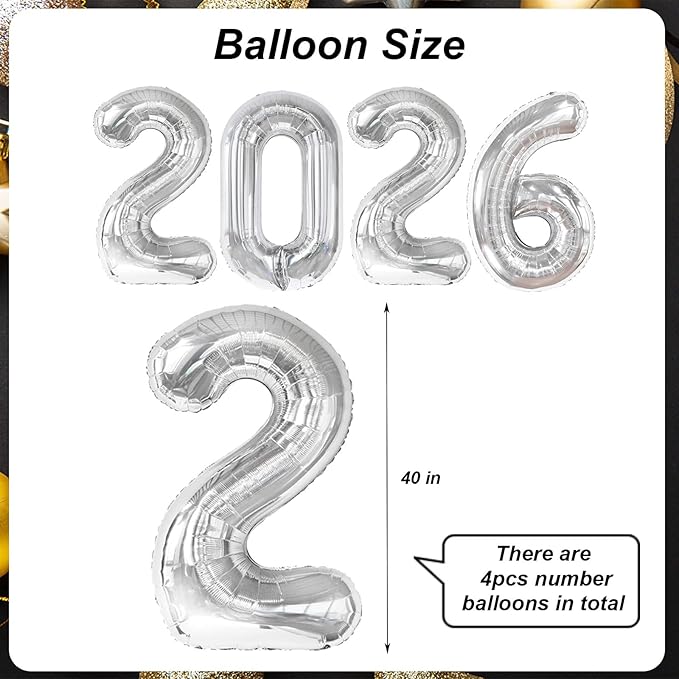 Silver 2026 Balloons - 40 inch Number Balloon - Graduation Balloons for Class of 2026 Decorations - Congrats Grad Balloons for Graduation Decorations 2026 - Grad Party Decor Supplies