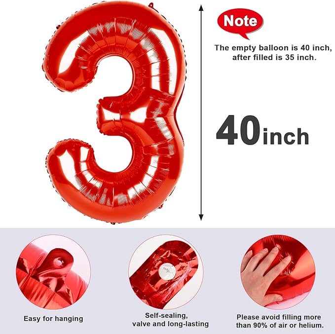 Numbers Balloon 3, 40 Inch Large Red Balloon for Three Year Old Birthday Decor, 3 13 30 31 Birthday Party Decorations for Wedding Supplies