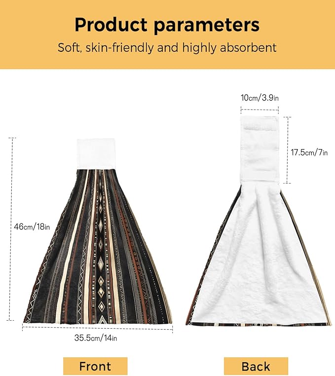 Alandar Home Kitchen Tie Towel Set of 2, Ethnic Brown Stripes Retro Style Absorbent Soft Hand Towels for Bathroom Hanging Towels, Abstract Geometric Fast Drying Cleaning Cloth with Loop