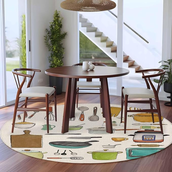 Cooking Kitchenware Kitchen Tool Pattern Round Rugs 8ft for Living Room Washable Circle Rug Non-Slip Carpet Soft Mat for Bedroom Dining Room Bathroom Home Holiday Decorations Indoor
