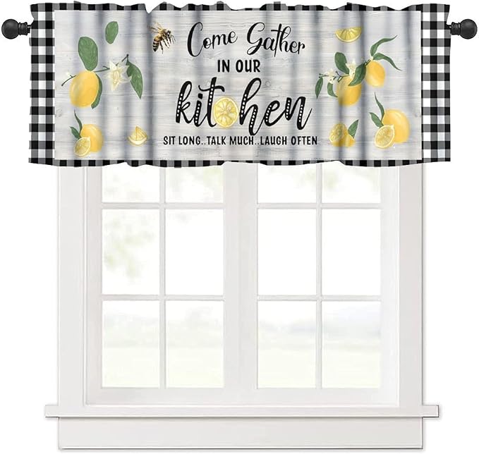 Lemon Kitchen Curtain Valance, Black White Buffalo Plaid Yellow Fruit Print Short Window Drapes for Dining Bedroom Living Room Cafe Resturant, 54x18Inch