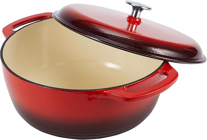 Amazon Basics Enameled Cast Iron Dutch Oven Pot with Lid, Round, Dual Handles, Heavy-Duty, Oven Safe for Roasting, Baking, Stews, 7.3-Quart, Red