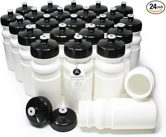 Rolling Sands Reusable Bulk Water Bottles 24 Pack - 20 Oz Sports Water Bottles, USA Made, BPA-Free, Wide Mouth for Easy Cleaning, Dishwasher Safe, Break Resistant - White Bottle/Black Lid