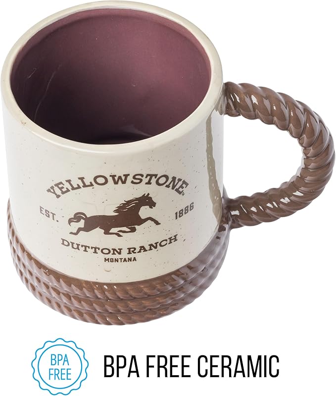 Silver Buffalo Yellowstone Dutton Ranch Montana Rope Ceramic 3D Sculpted Mug, 20 Ounces