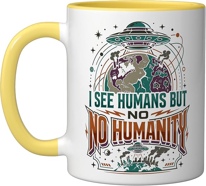 Aliens UFO Extraterrestrial Space Flying Saucer No Humanity Ceramic Mug, Yellow/White