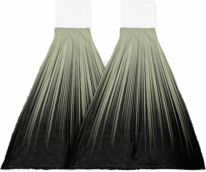 Alandar Home Kitchen Tie Towel Set of 2, Sage Green Black Striped Art Absorbent Soft Hand Towels for Bathroom Hanging Towels, Abstract Line Gradient Fast Drying Cleaning Cloth with Loop