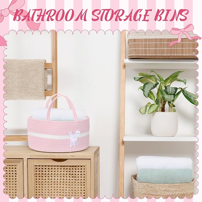 Yinkin 1 Pcs Extra Large Cotton Rope Storage Basket with Handles and Removable Divider Woven Gift Baskets with Bow for Closet Bedroom Nursery Toys Organizing, 14.17 x 8.66 x 7.09 Inch(Pink and White)