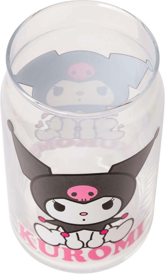 Silver Buffalo Sanrio Hello Kitty and Friends Kuromi 2 Pack Glass Jar Tumbler with Bamboo Lid and Glass Straw, 16 Ounces