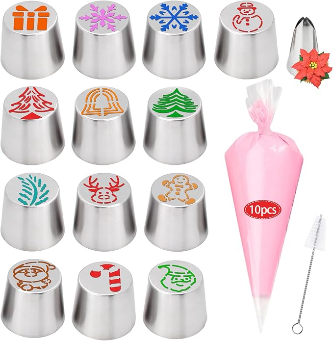 25 Pcs Christmas Extra Large Piping Tips Set, Includes 13 Stainless Steel Icing Nozzles for Cake Decorating, Baking Tools for Decorating Cakes and Cookies, with 1 Cleaning Brush and 10 Pastry Bags