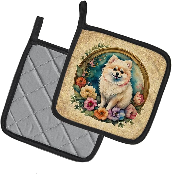 Caroline's Treasures Pomeranian and Flowers Pair of Pot Holders Kitchen Heat Resistant Pot Holders Sets Oven Hot Pads for Cooking Baking BBQ, 7 1/2 x 7 1/2