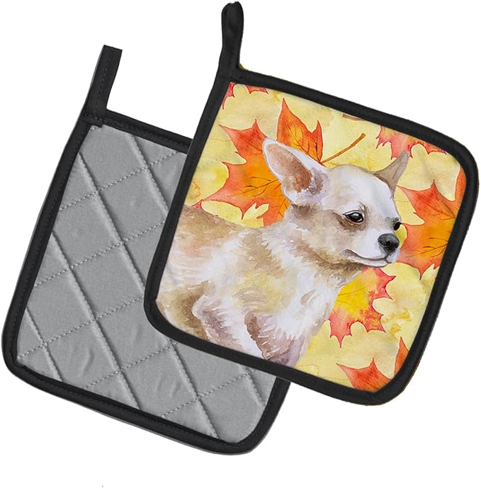Caroline's Treasures BB9958PTHD Chihuahua Leg up Fall Pair of Pot Holders, Yellow Kitchen Heat Resistant Pot Holders Sets Oven Hot Pads for Cooking Baking BBQ, 7 1/2 x 7 1/2