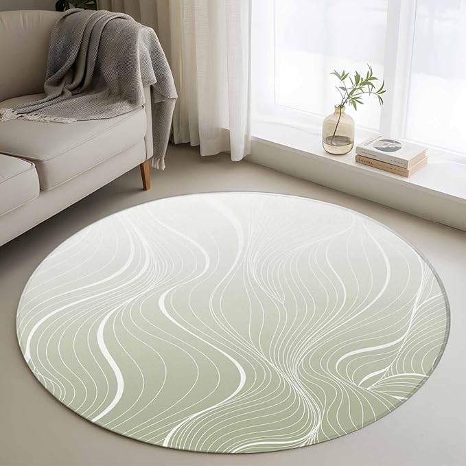 Washable Round Area Rug Sage Green Wavy Gradient Stripes Circle Rugs Floor Carpet for Living Room Bedroom, Geometric Abstract Art Soft Non Slip Round Rug 3ft