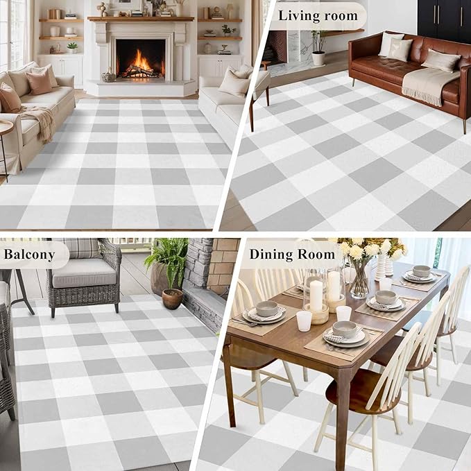Area Rug 6x9ft, Light Grey White Plaid Washable Rugs for Living Room Bedroom, Farmhouse Decoration Buffalo Check Soft Non-Slip Area Rugs Rectangle Floor Carpet for Dining Room