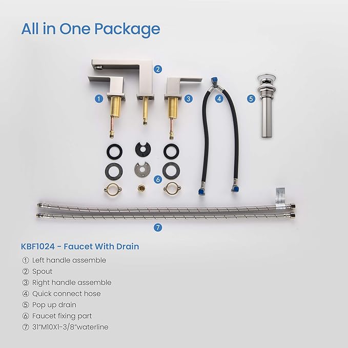 KIBI 2-Handle Cube Bathroom Sink Faucet with Drain Assembly | 3-Hole Installation, Solid Brass Construction | 8-Inch Widespread Lavatory Faucet | Brushed Nickel, KBF1024