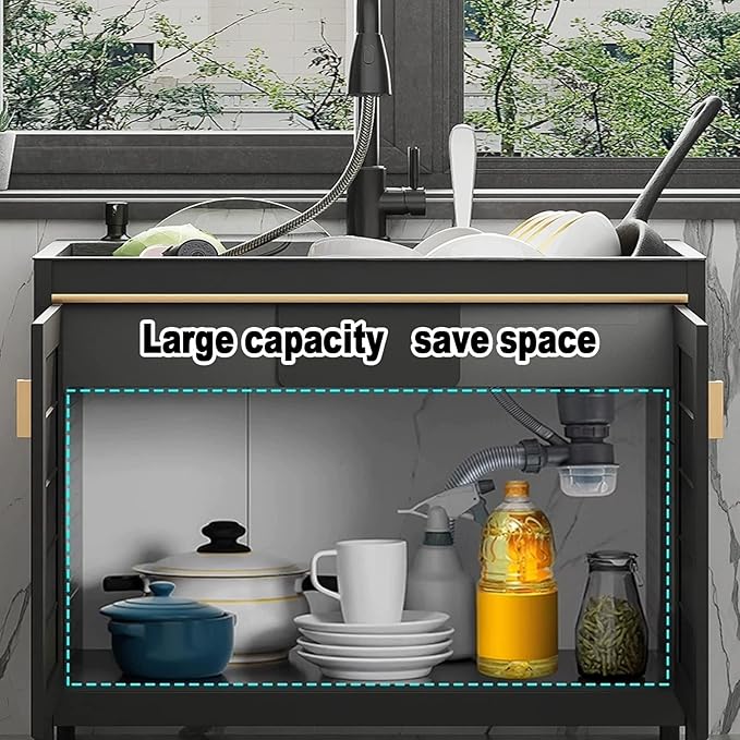 Indoor Utility Kitchen Sink With Cabinet,Commercial Garage Stainless Steel Sink,Industrial Sink With Faucet,Freestanding Laundry Utility Sink,Pet Wash Station,1 Compartment. ( Color : Black+Multifunct