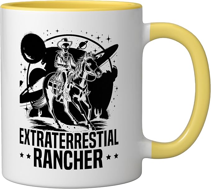 Alien Lover Flying Saucer UFO Extraterrestrial Cowboy Ceramic Mug, Yellow/White