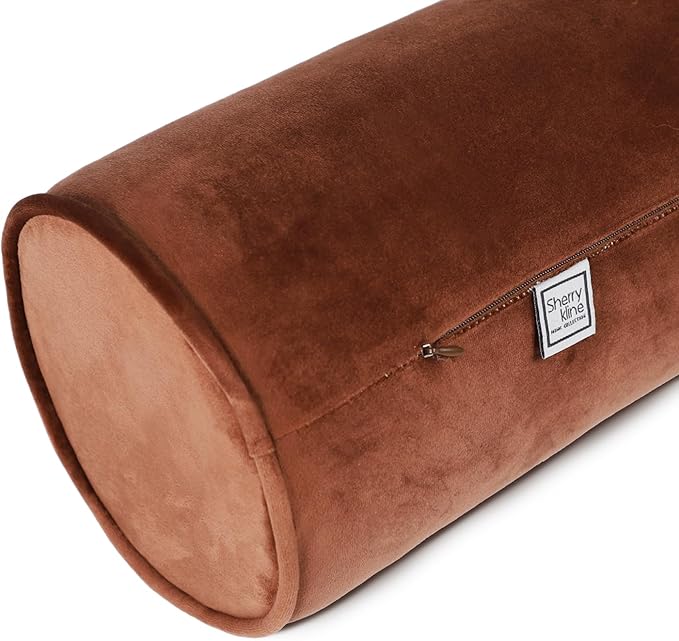 Sherry Kline Velvet Set of 2 Neck Bolster Pillow, Made with Plush Velvet, Cylinder Pillows, for Couch & Bed, Decorative Round Throw Pillow, Back & Neck Support (Set of 2, Brown)