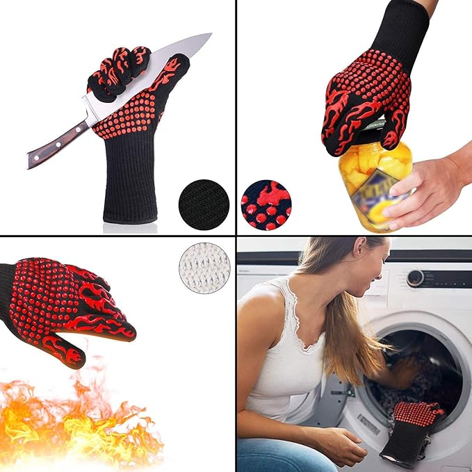 BBQ Grill Gloves, 1472°F Extreme Heat Resistant Grilling Gloves Non-Slip Oven Mitts Potholder, Perfect for Barbecue, Cooking, Baking, Fireplace, Smoker - 1 Pair (Red)