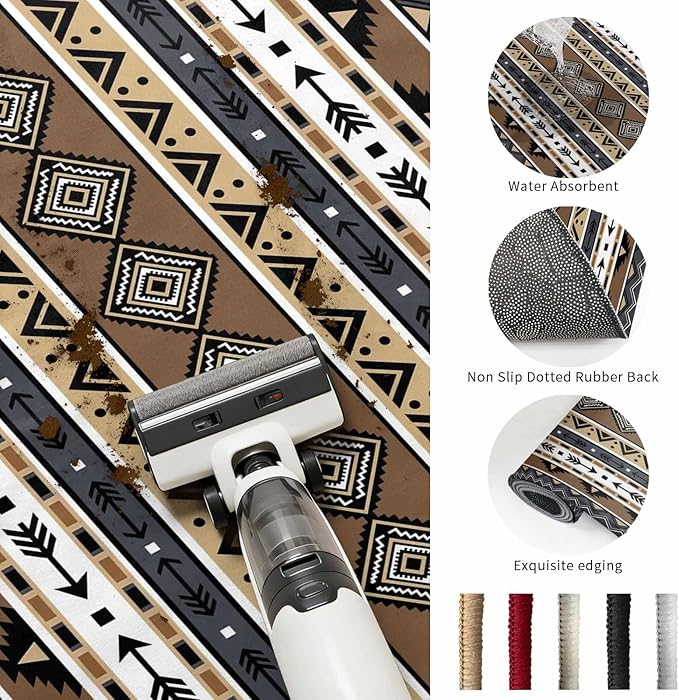 Area Rug 9x12ft, Boho Tribal Stripes Washable Rugs for Living Room Bedroom Rectangle Floor Carpet, Ethnic Borders Arrow Motifs Soft Non-Slip Area Rugs for Dining Room