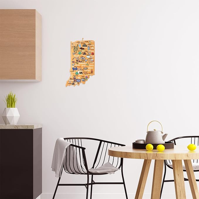 Totally Bamboo Indiana State Shaped Cutting Board and Charcuterie Serving Platter with Artwork by Fish Kiss, Includes Hang Tie for Wall Display