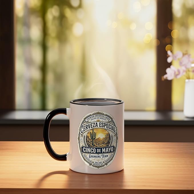 Cinco De Mayo Drinking Team Cerveza Beer Label Ceramic Mug, Black/White