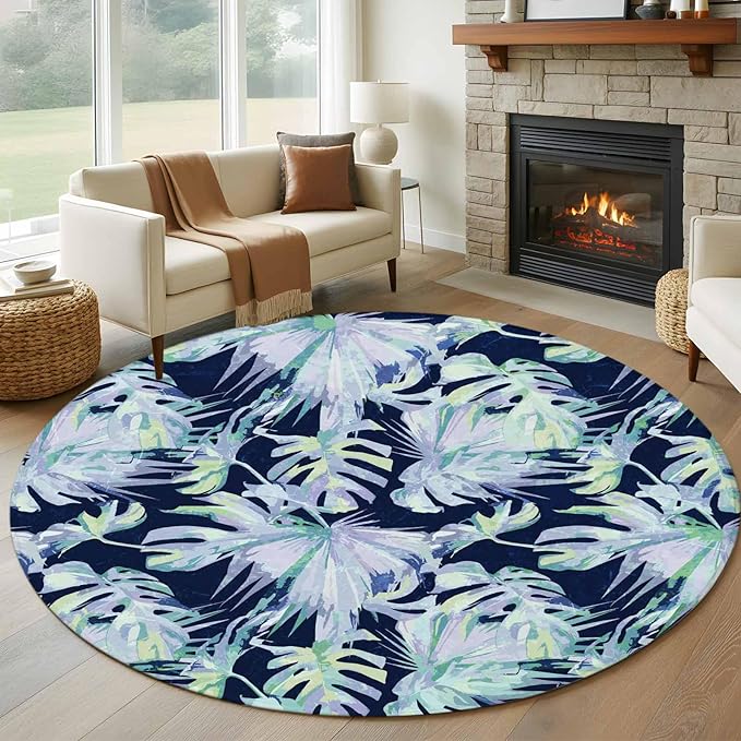 Washable Round Area Rug Watercolor Blue Teal Palm Leaves Circle Rugs Floor Carpet for Living Room Bedroom, Abstract Botanical Soft Non Slip Round Rug 5ft