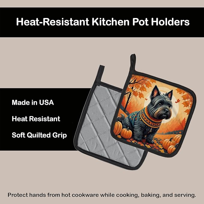 Caroline's Treasures DAC1069PTHD Scottish Terrier Fall Pair of Pot Holders Kitchen Heat Resistant Pot Holders Sets Oven Hot Pads for Cooking Baking BBQ, 7 1/2 x 7 1/2