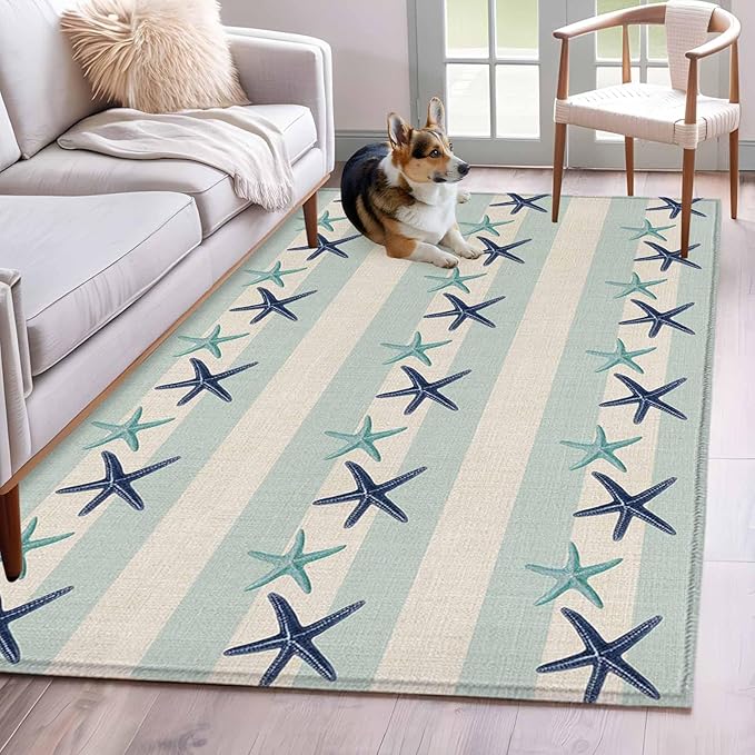Area Rug 4x6ft, Summer Ocean Blue Teal Starfish Washable Rugs for Living Room Bedroom, Sea Star on Farmhouse Linen Soft Non-Slip Area Rugs Rectangle Floor Carpet for Dining Room
