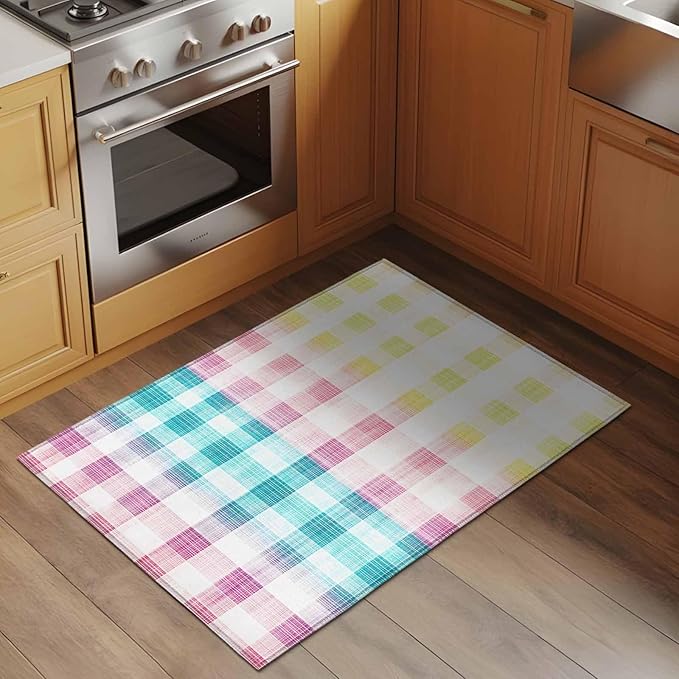 Area Rug 2x3ft, Easter Red Yellow Blue Stripes Washable Rugs for Living Room Bedroom, Abstract Buffalo Plaid Soft Non-Slip Area Rugs Rectangle Floor Carpet for Dining Room