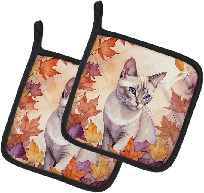 Caroline's Treasures Thai Lilac Cat in Fall Leaves Pair of Pot Holders Kitchen Heat Resistant Pot Holders Sets Oven Hot Pads for Cooking Baking BBQ, 7 1/2 x 7 1/2